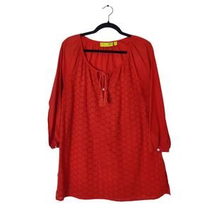 Rock Flower Paper Red Lightweight Cotton Eyelet Broderie Peasant Top Medium